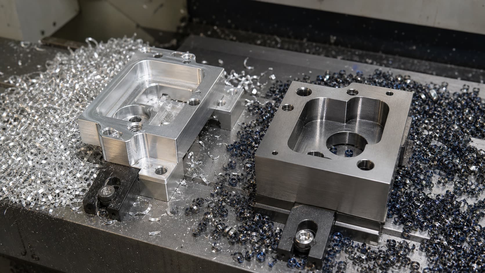 Aluminum and stainless steel milled workpieces with different chip piles inside a CNC machine