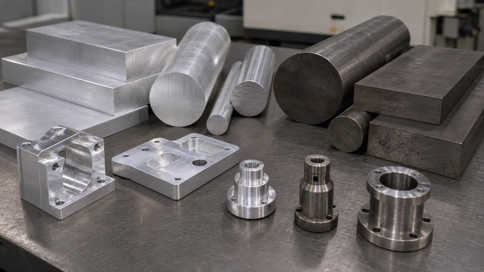 Aluminum and stainless steel raw stock beside finished CNC machined sample parts