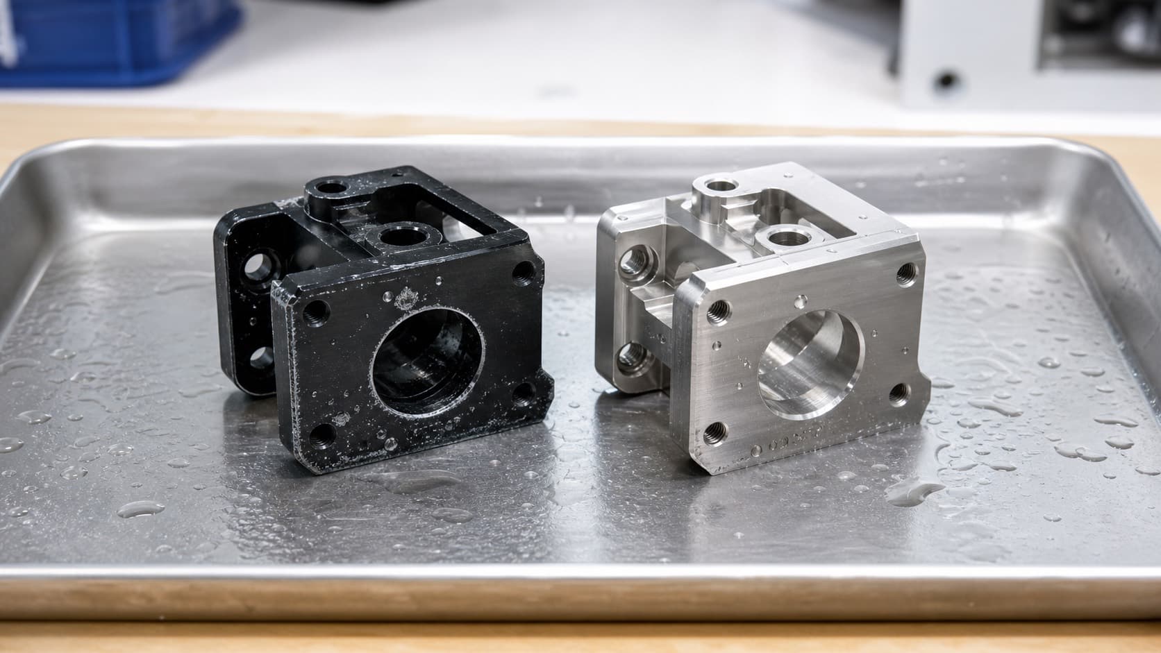 Anodized aluminum and stainless steel CNC sample parts exposed to water droplets in a shallow tray
