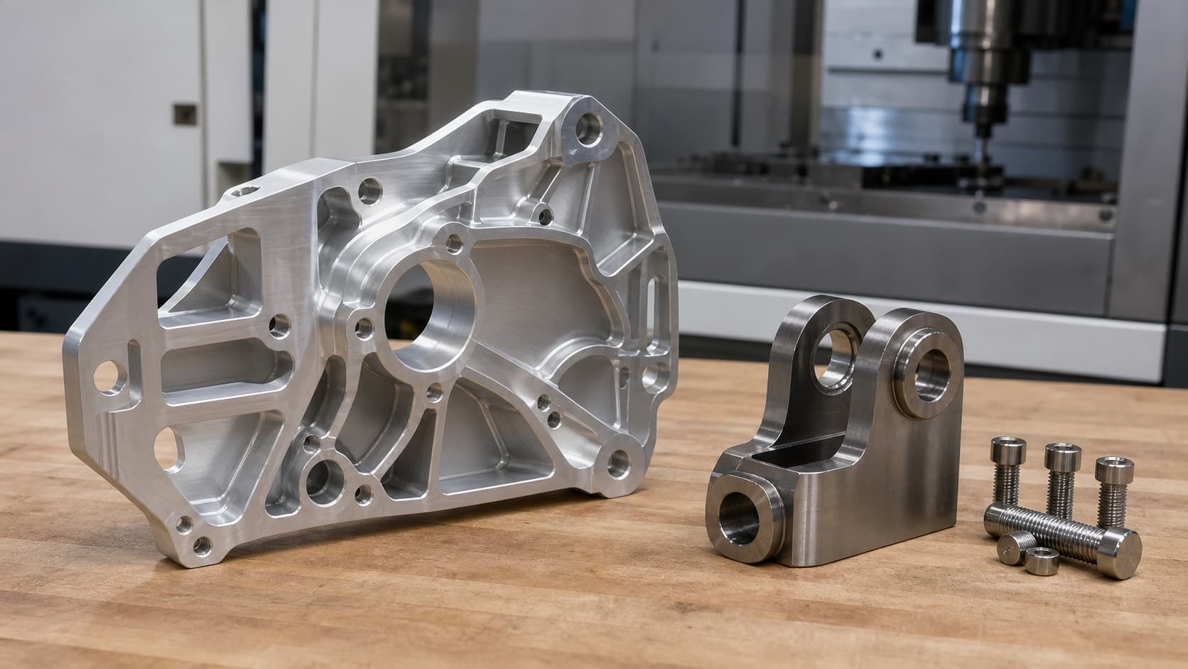 Lightweight pocketed aluminum housing beside a denser stainless steel load-bearing bracket