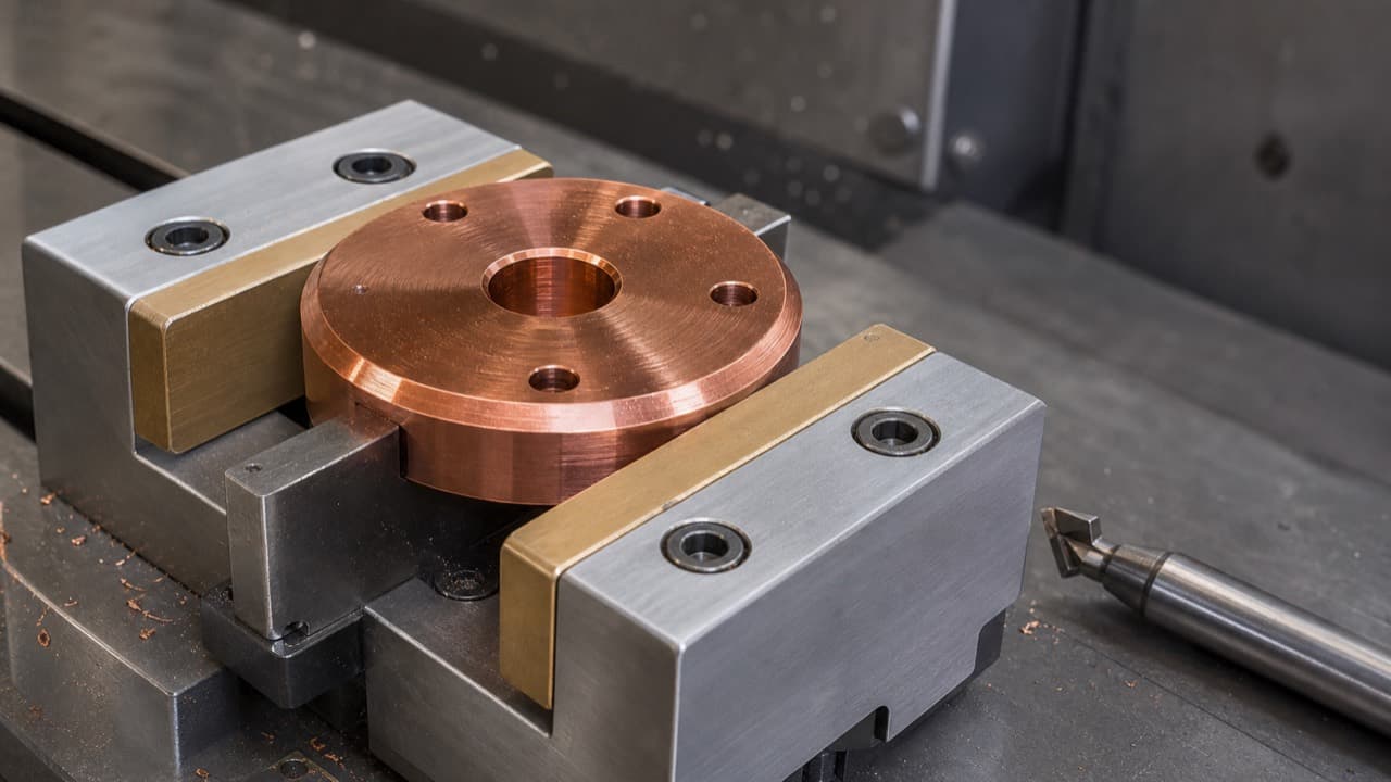 Copper-alloy flange secured in soft jaws for CNC machining