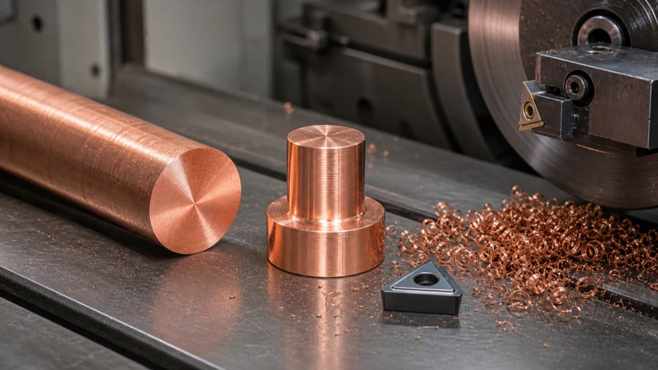 Copper-alloy stock and turned parts beside a CNC lathe