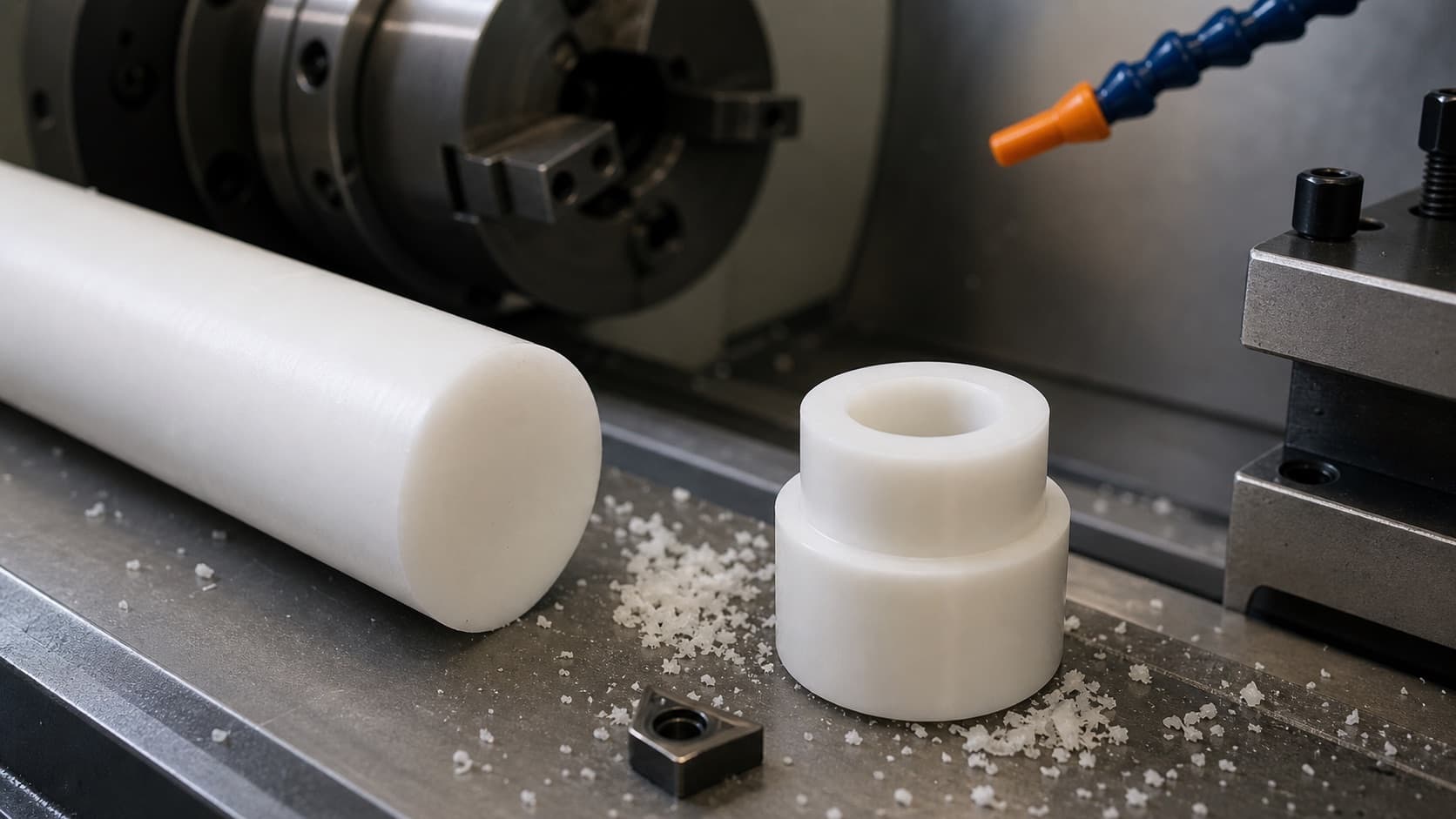 White acetal round bar, a turned acetal part, short plastic chips, and a carbide insert on a CNC lathe bench