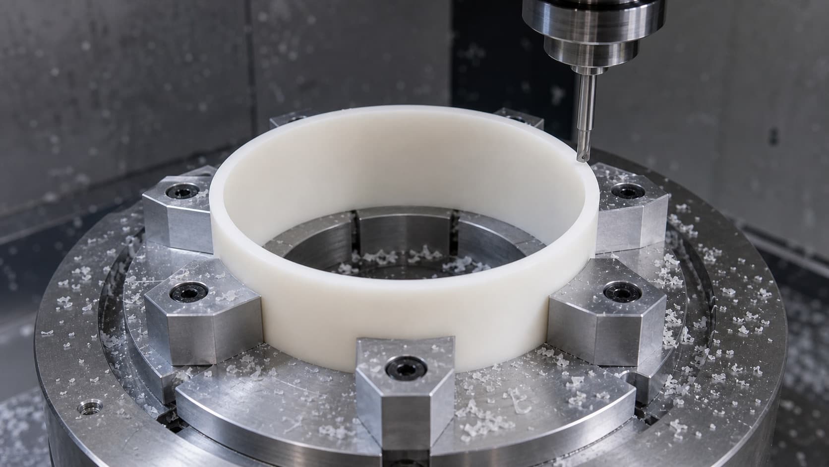 Thin-wall acetal ring supported evenly in custom aluminum soft jaws during CNC machining