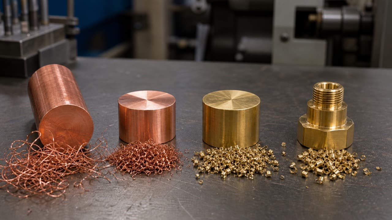 Copper and brass sample parts with different chip piles showing long copper curls and shorter brass chips.