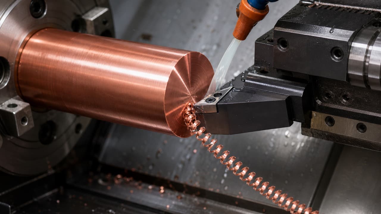 Positive-rake turning tool cutting a copper bar with coolant directed at the rake face and a continuous curled chip forming.