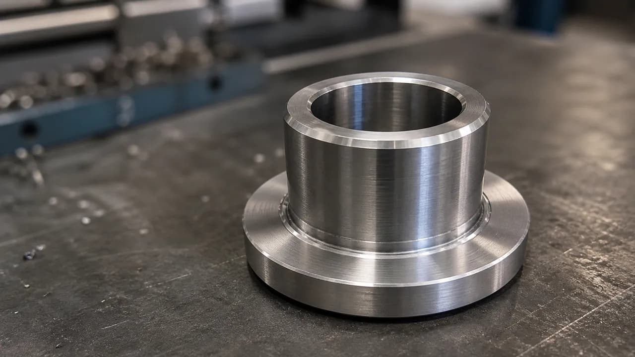 Close-up of a machined stainless part with a bored locating bore, turned shoulder datum, chamfered edge, and fine tool marks.