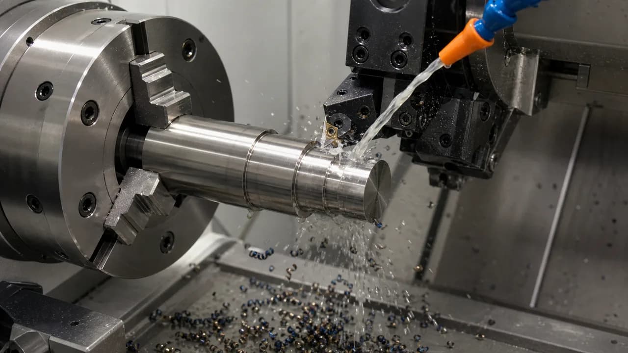 CNC lathe cutting stainless steel with sharp carbide tooling, flood coolant, and curled stainless chips in the cutting zone.