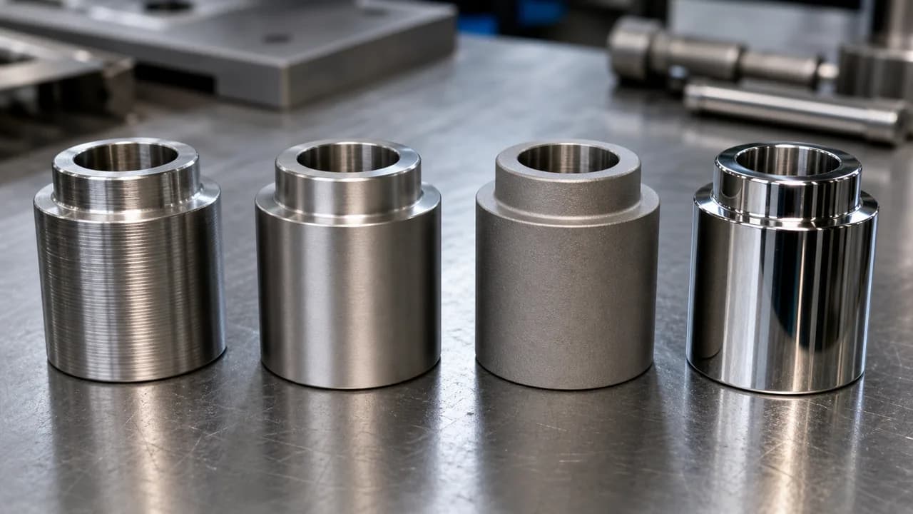 Unlabeled stainless machined sample parts with different as-machined, matte, and bright surface finish appearances.