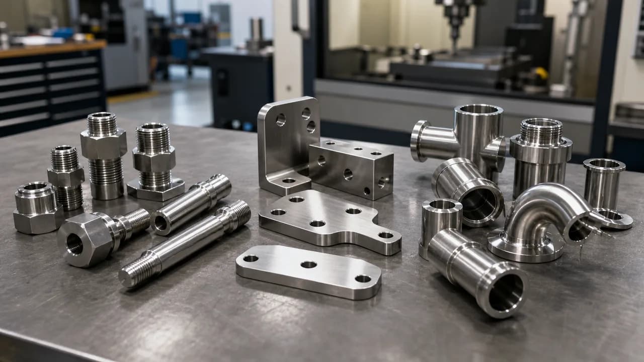 Groups of stainless machined fittings, brackets, and fluid hardware representing different grade-selection use cases.