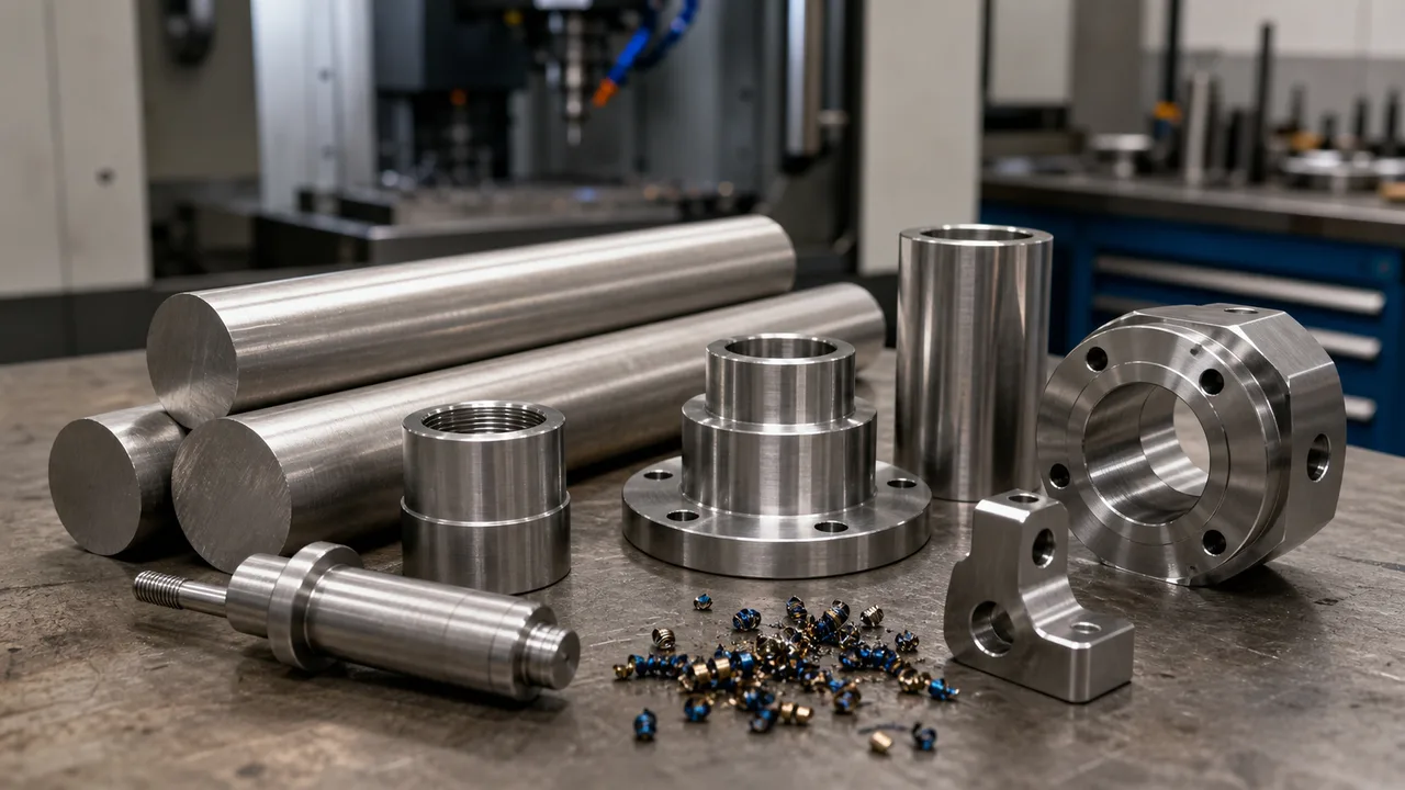 Stainless steel round bar stock, machined turned parts, bores, chamfers, and short stainless chips on a CNC shop workbench.