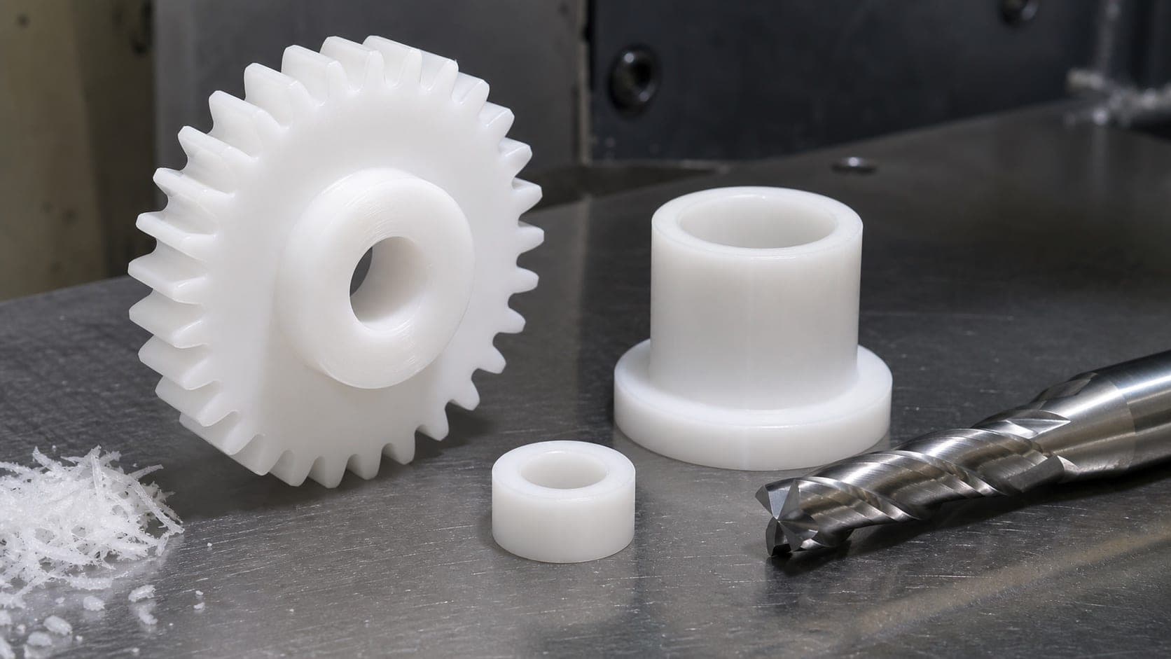 White Delrin gear, bushing, and small machined parts beside an end mill and short plastic chips