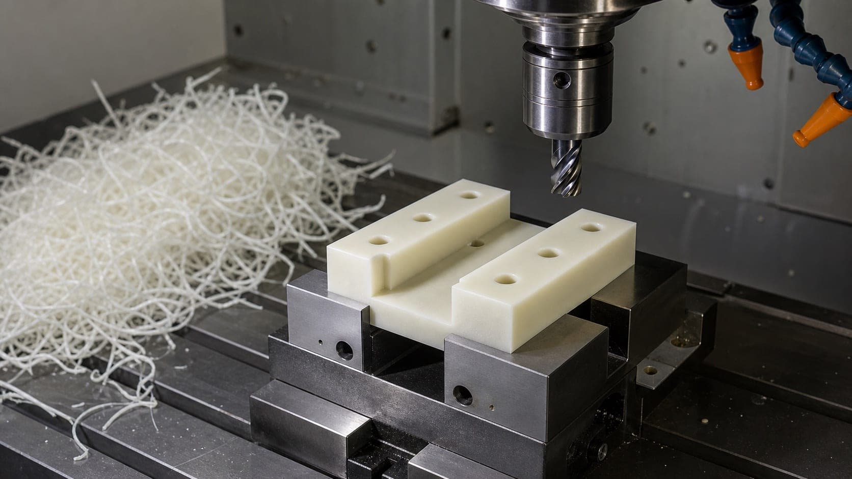 Natural nylon machined spacer in a CNC vise with long stringy nylon chips beside the setup