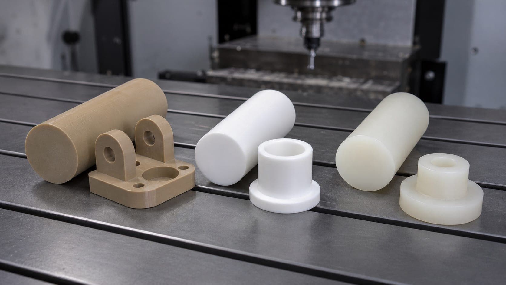 PEEK, Delrin, and nylon round stock with simple machined coupons on a CNC mill table