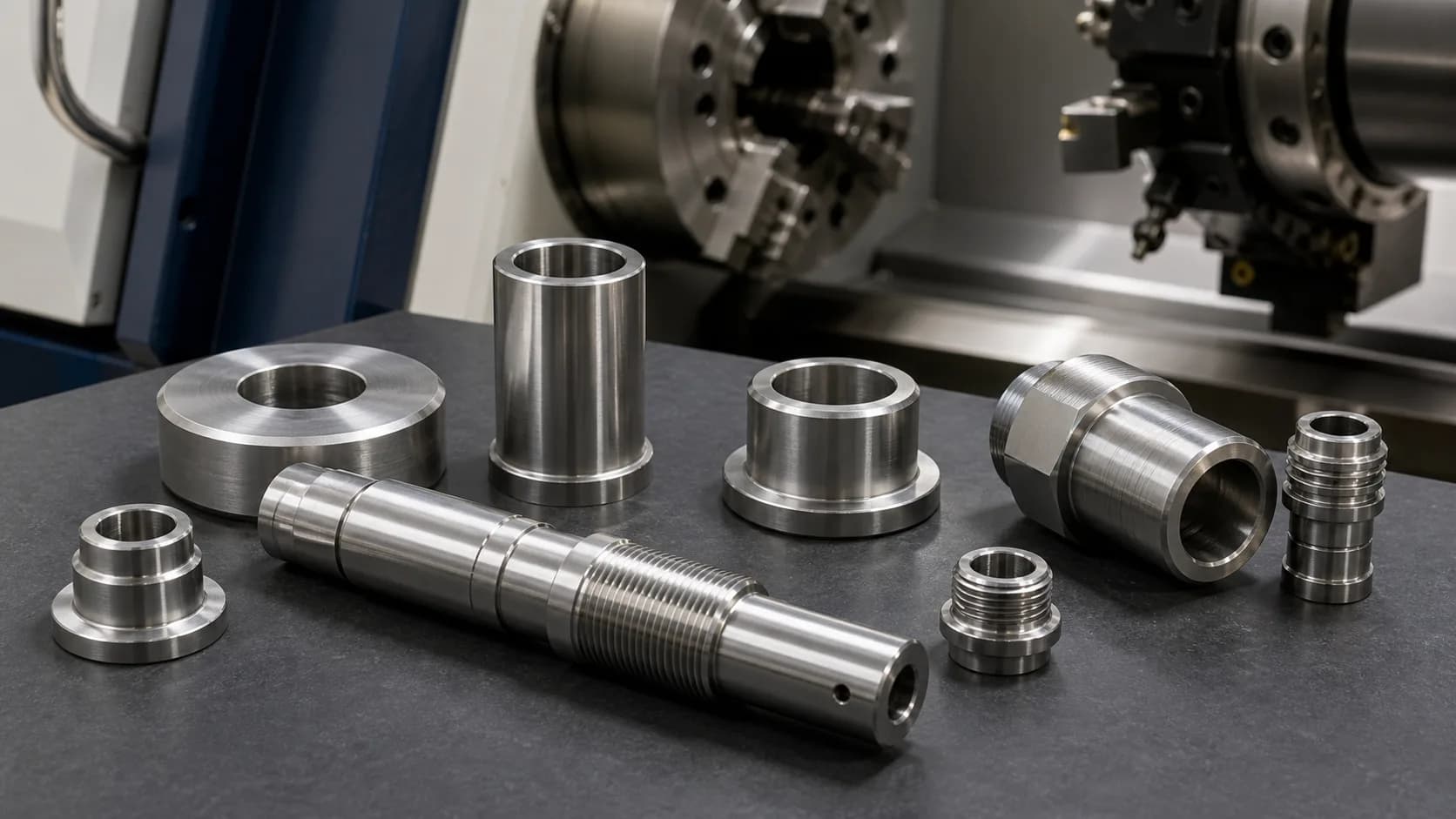 Finished turned shafts, bushings, spacers, and threaded fittings arranged on a shop bench
