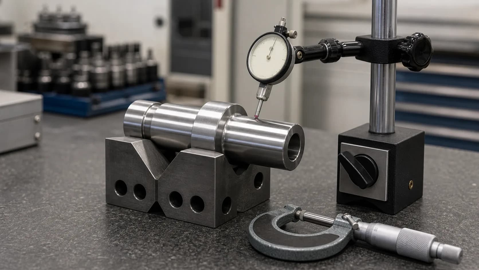 Finished turned shaft supported in V-blocks with a dial indicator checking a round outside diameter