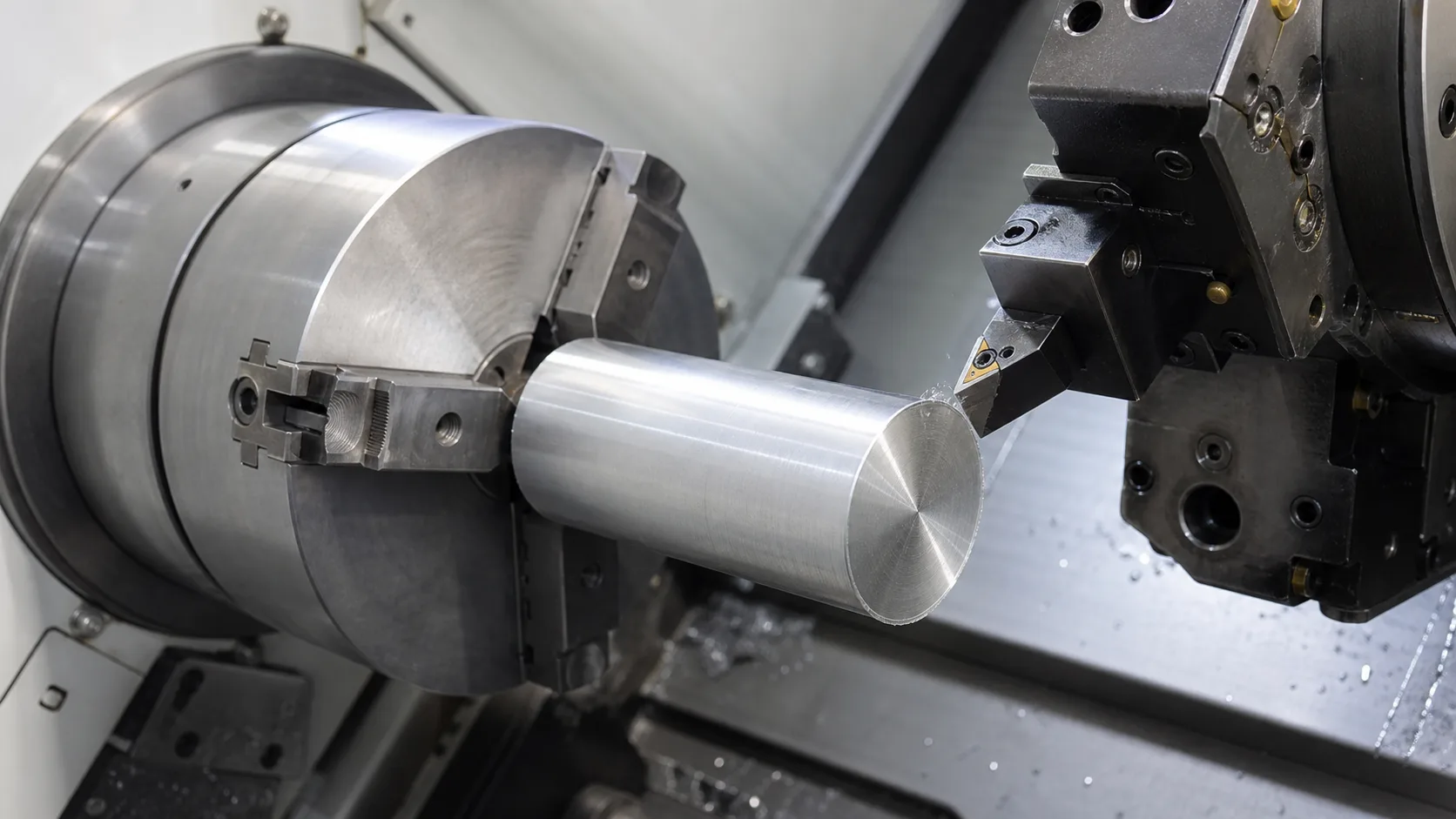 Cylindrical aluminum bar stock held in a CNC lathe chuck with a turning tool near the outside diameter
