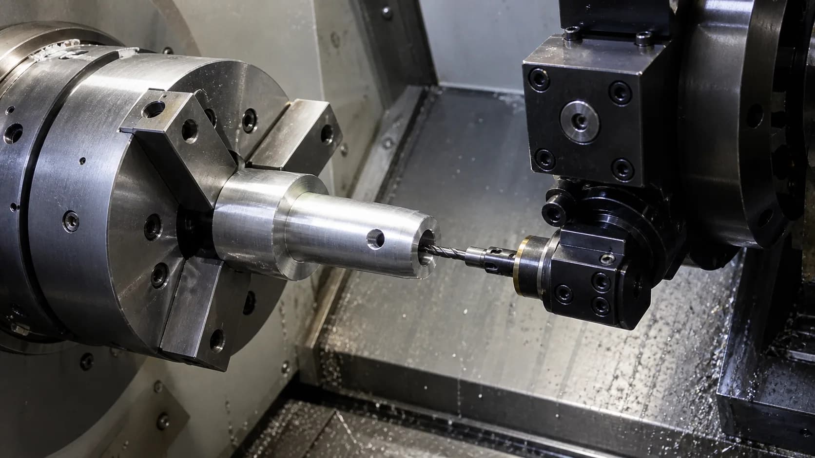 Live tooling drilling an off-axis feature into a turned cylindrical part inside a CNC lathe