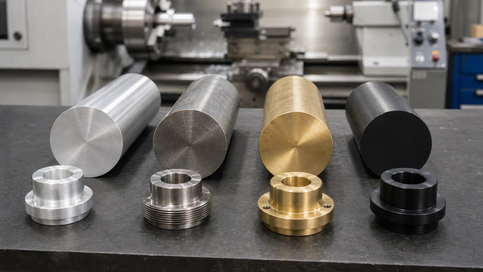 Round bar stock and finished turned parts in aluminum, stainless steel, brass, and black acetal
