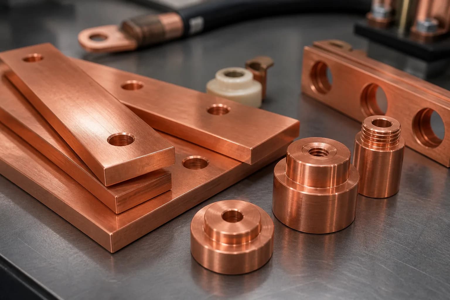 Machined Copper 101 busbar blanks and electrical contact components arranged on an inspection bench