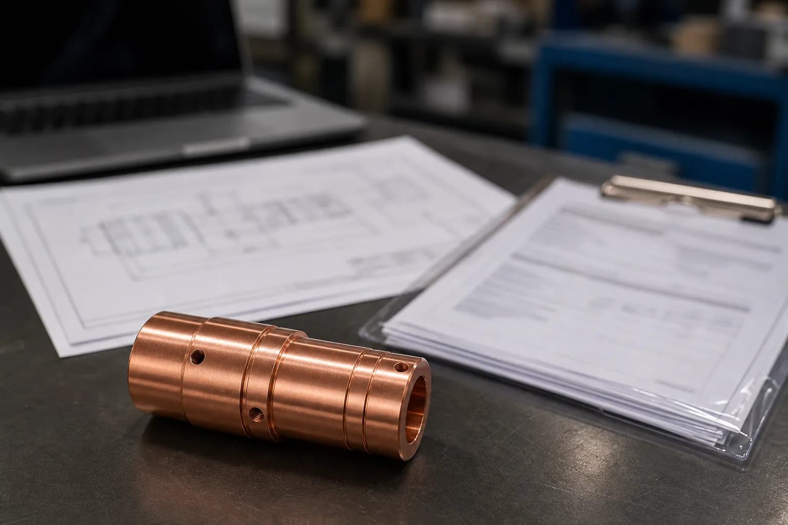 Machined Copper 101 component beside blurred engineering drawing and material certificate paperwork