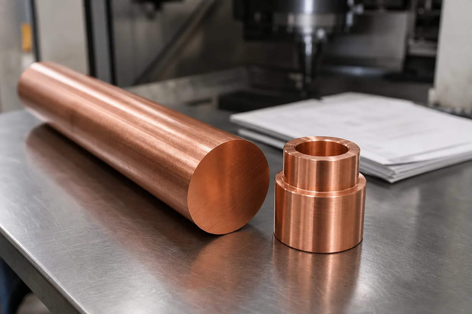 Copper 101 round bar stock beside a freshly machined copper sleeve on a clean CNC shop bench