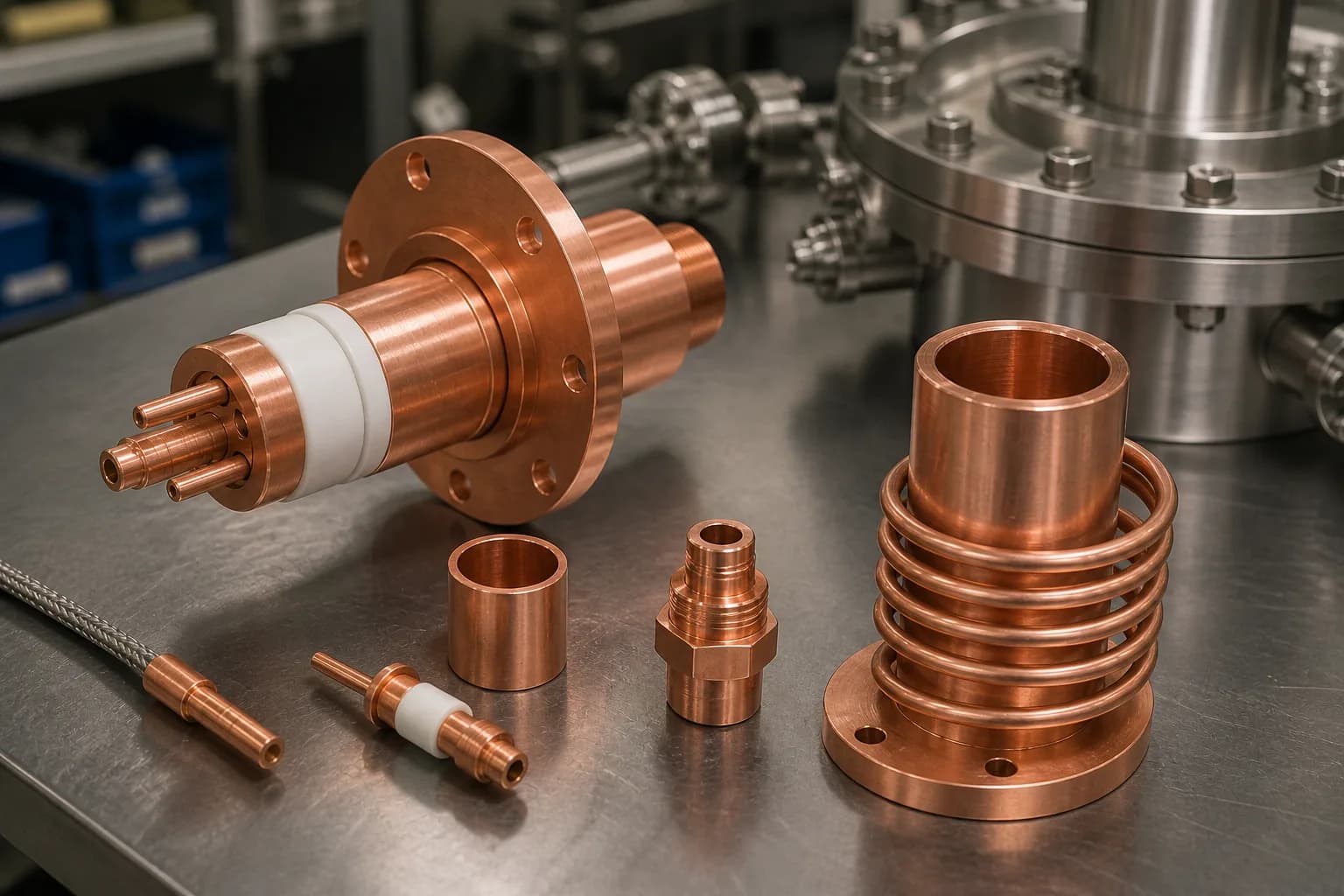 Copper 101 vacuum feedthrough body, machined fittings, and work coil component on a precision assembly bench