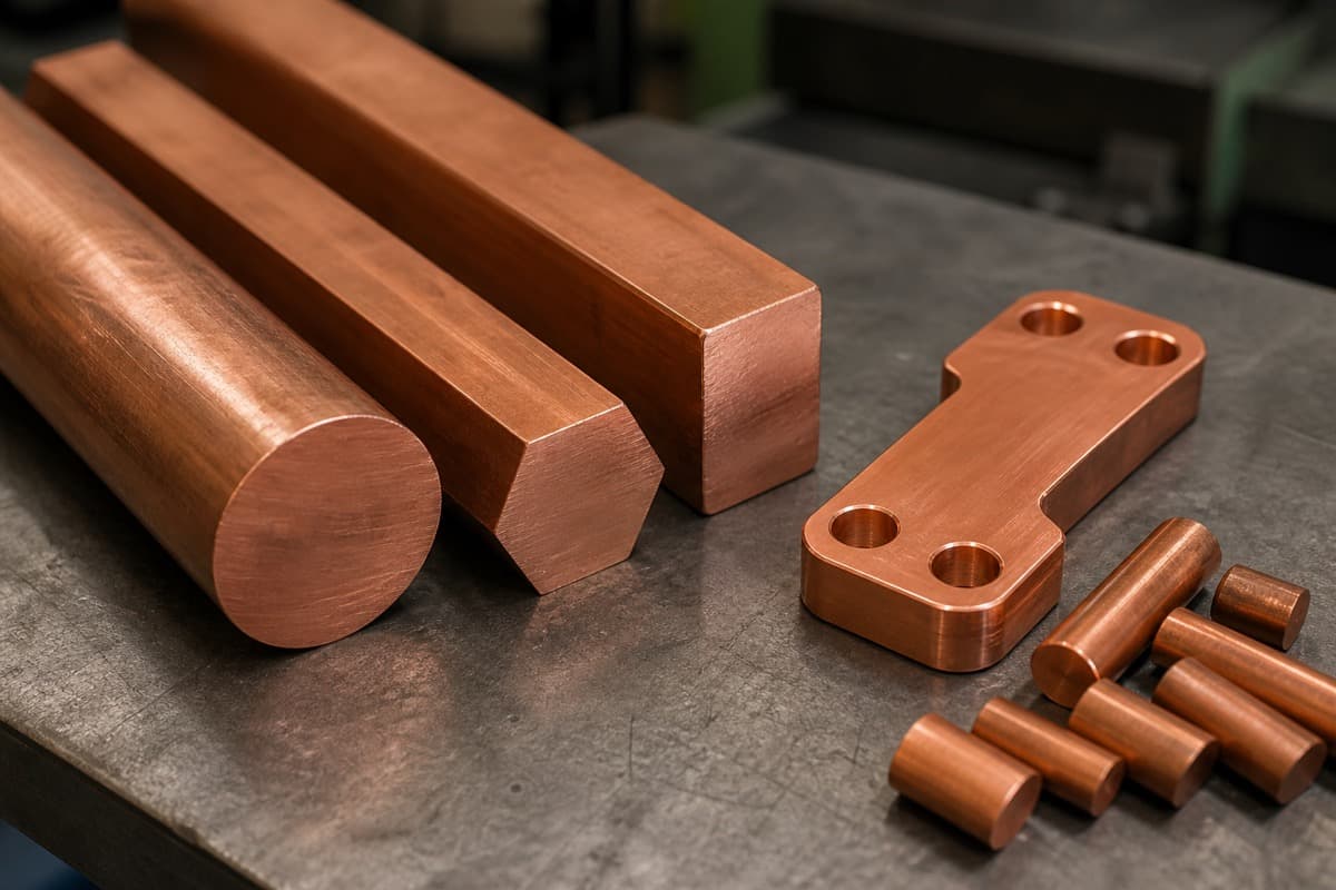 Representative copper bar stock and machined block on a workbench
