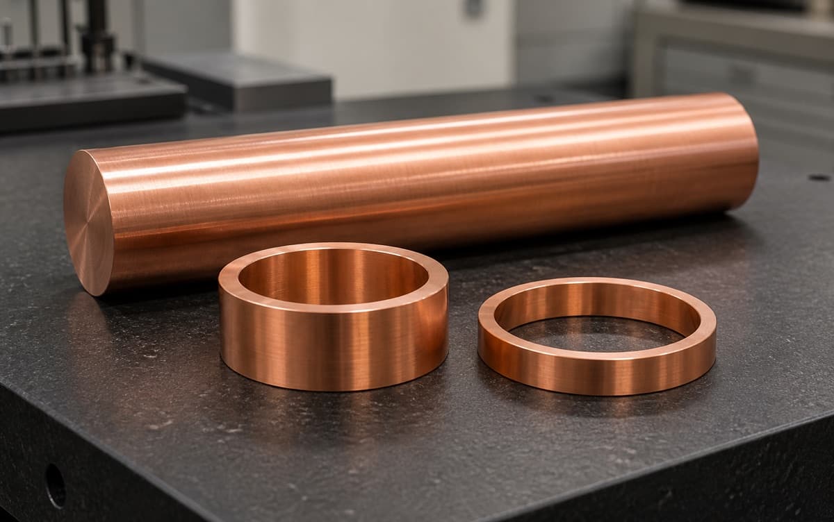 Representative copper bar stock and machined rings on a workbench