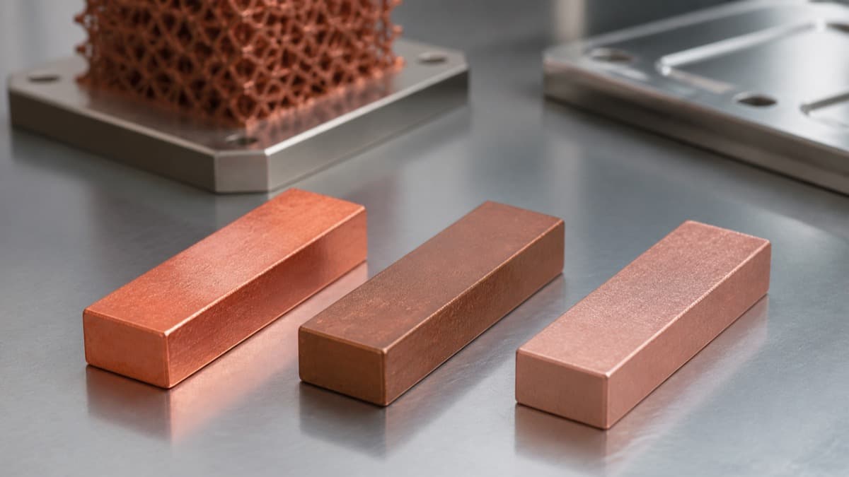 Representative copper bar stock and machined samples on a workbench