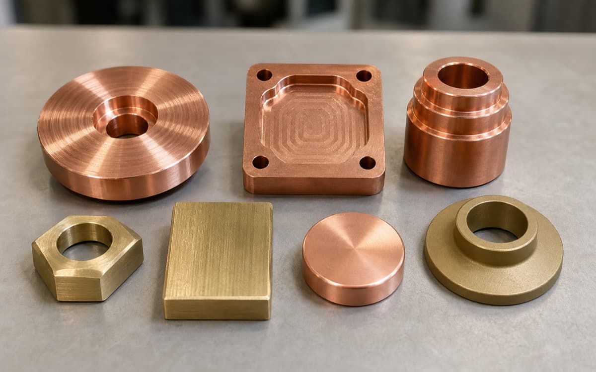 Representative copper, brass, and bronze machined samples on a workbench