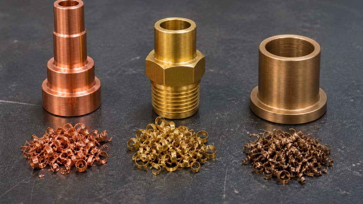 Representative copper, brass, and bronze turned samples with visible chip forms
