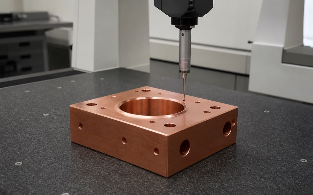 CMM probe touching a copper block on an inspection setup