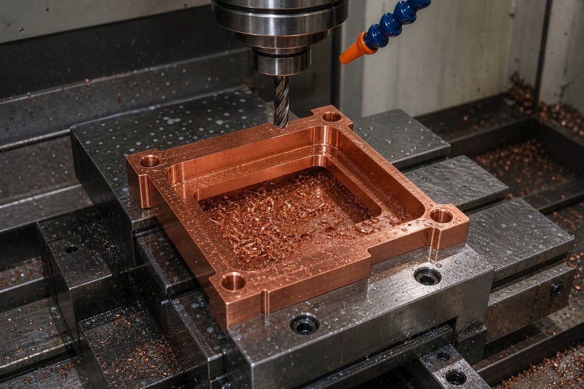 Copper plate being milled under coolant on a CNC machine
