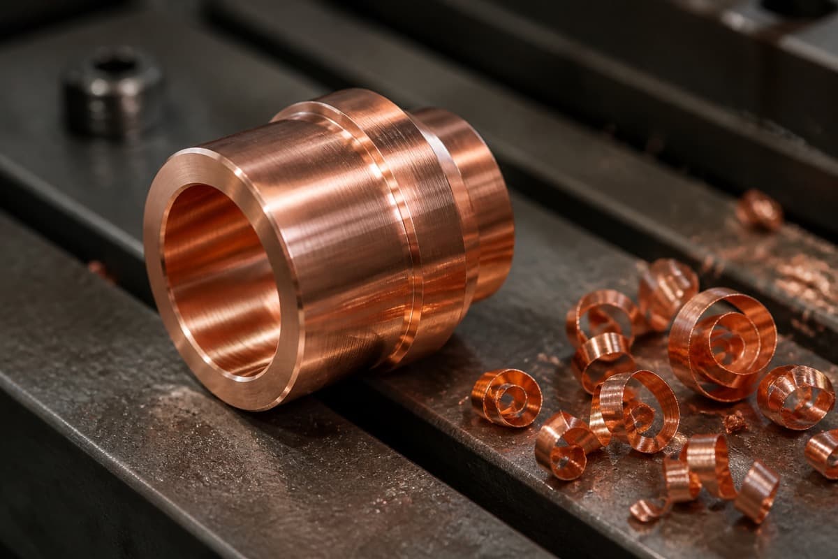Copper ring being turned on a lathe with visible chips