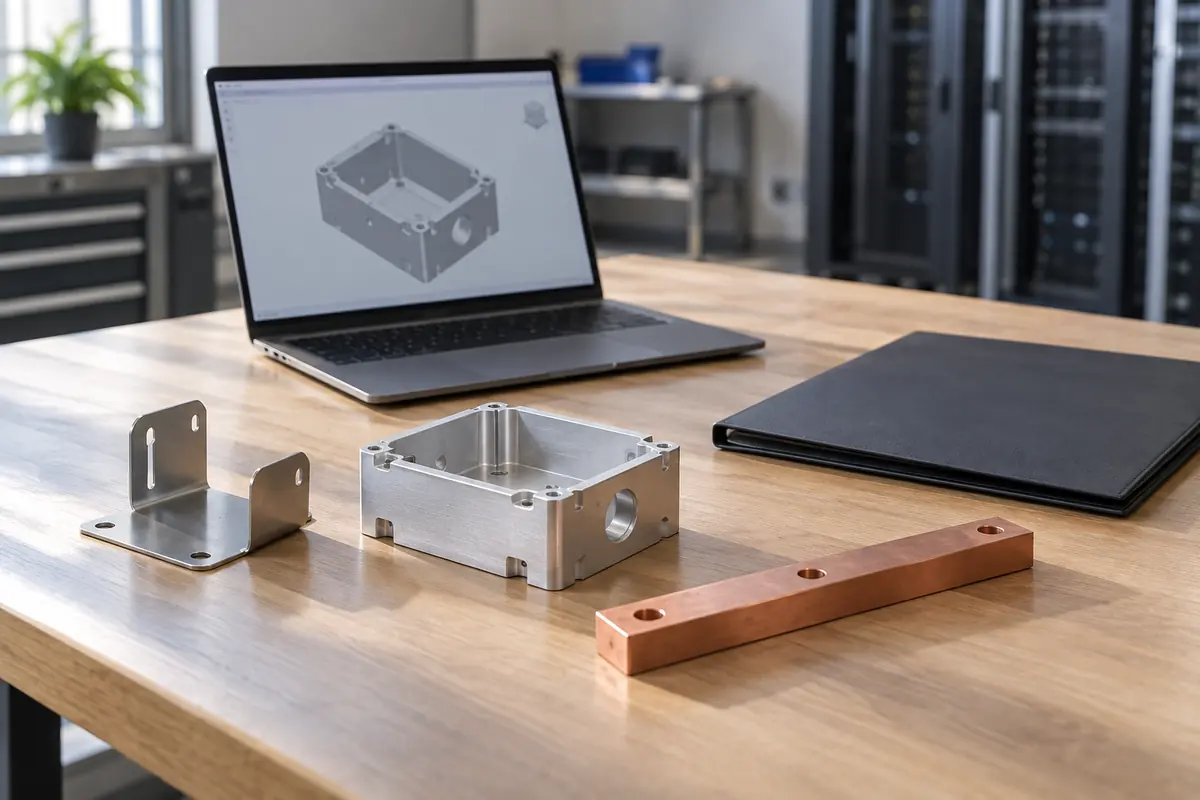 unbranded sheet metal, machined aluminum, and copper components beside a neutral CAD screen and closed document folder