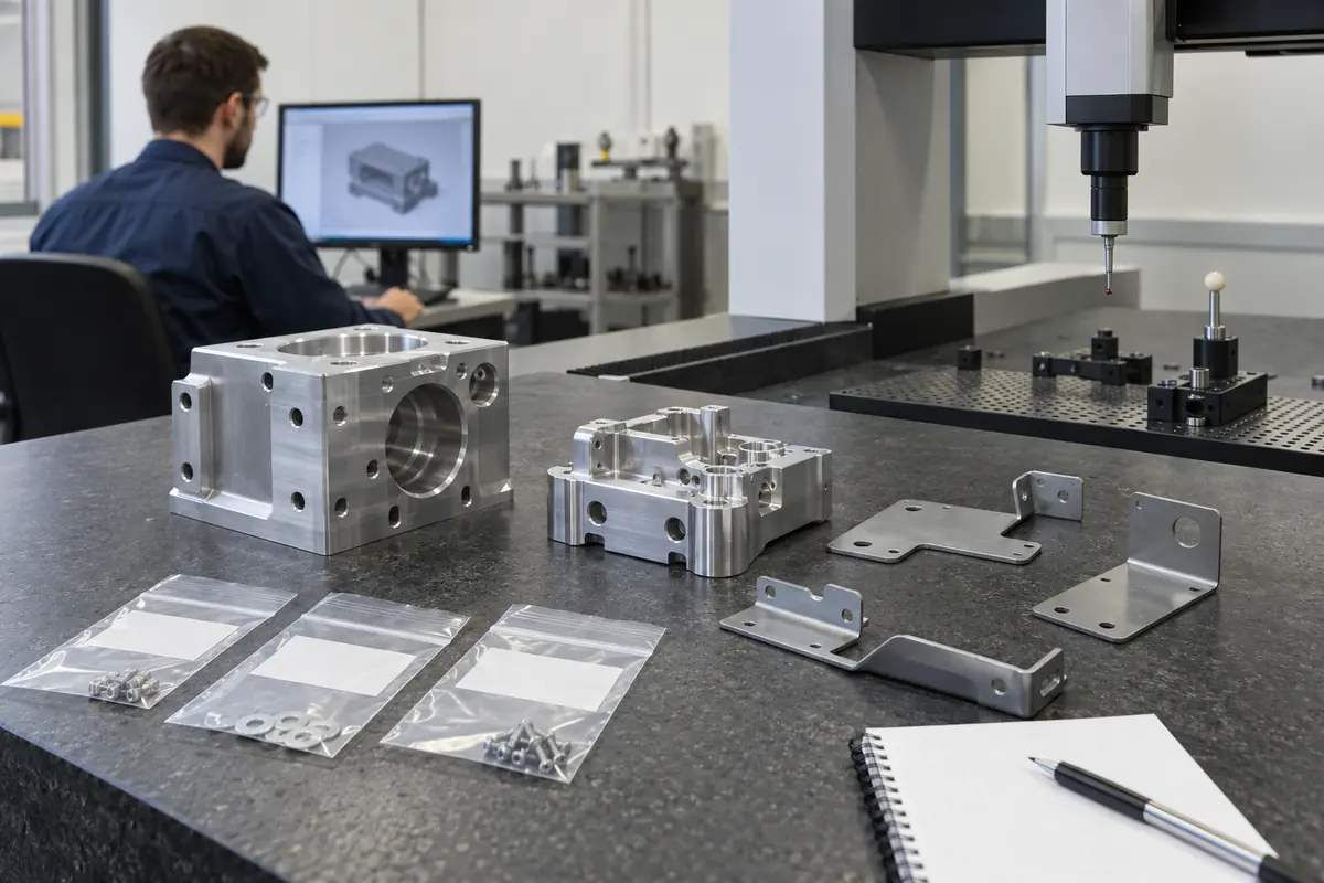 machined component on a coordinate measuring machine table with probe parked above the part