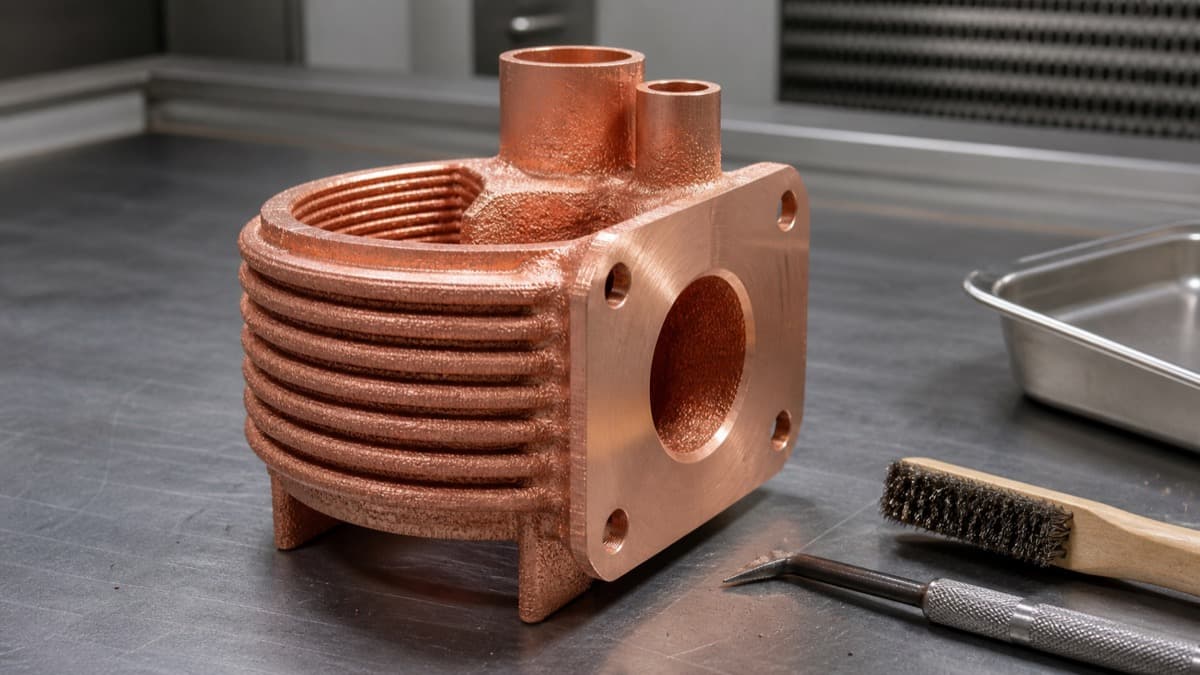 Copper-colored additively manufactured heat exchanger with a machined face and support-removal tools