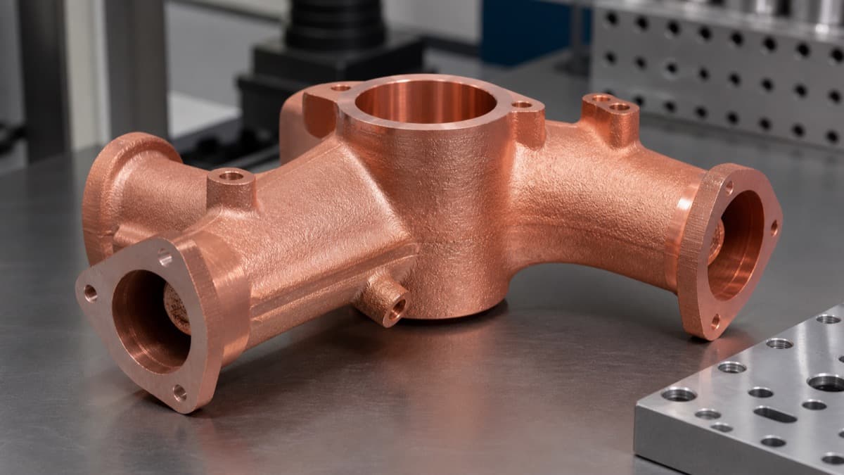 Reddish copper-colored additively manufactured manifold with machined sealing faces