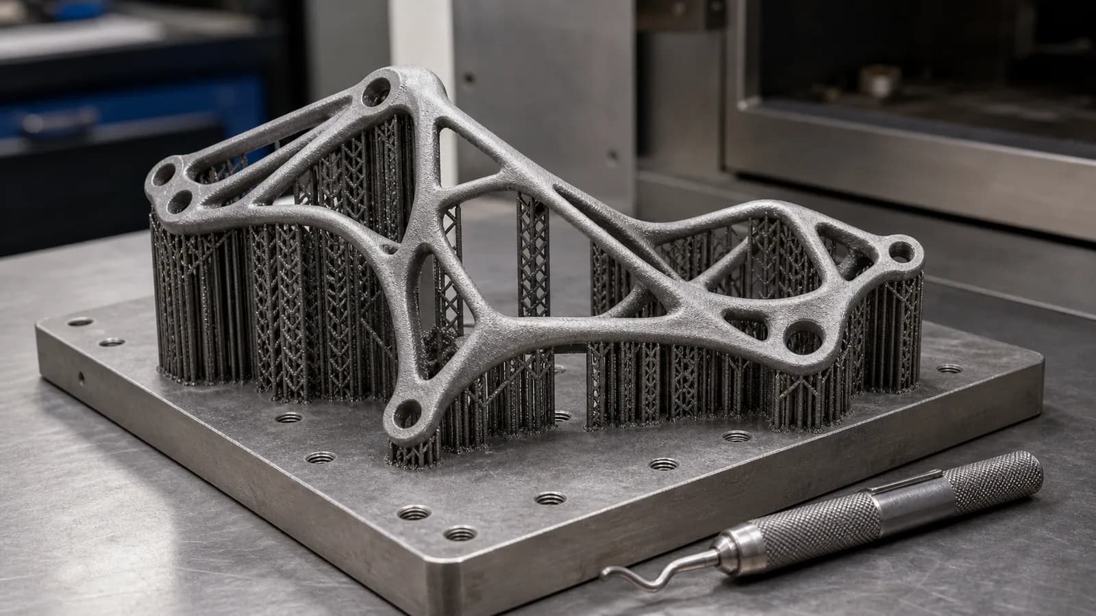 DMLS metal lattice bracket on a build plate with support structures
