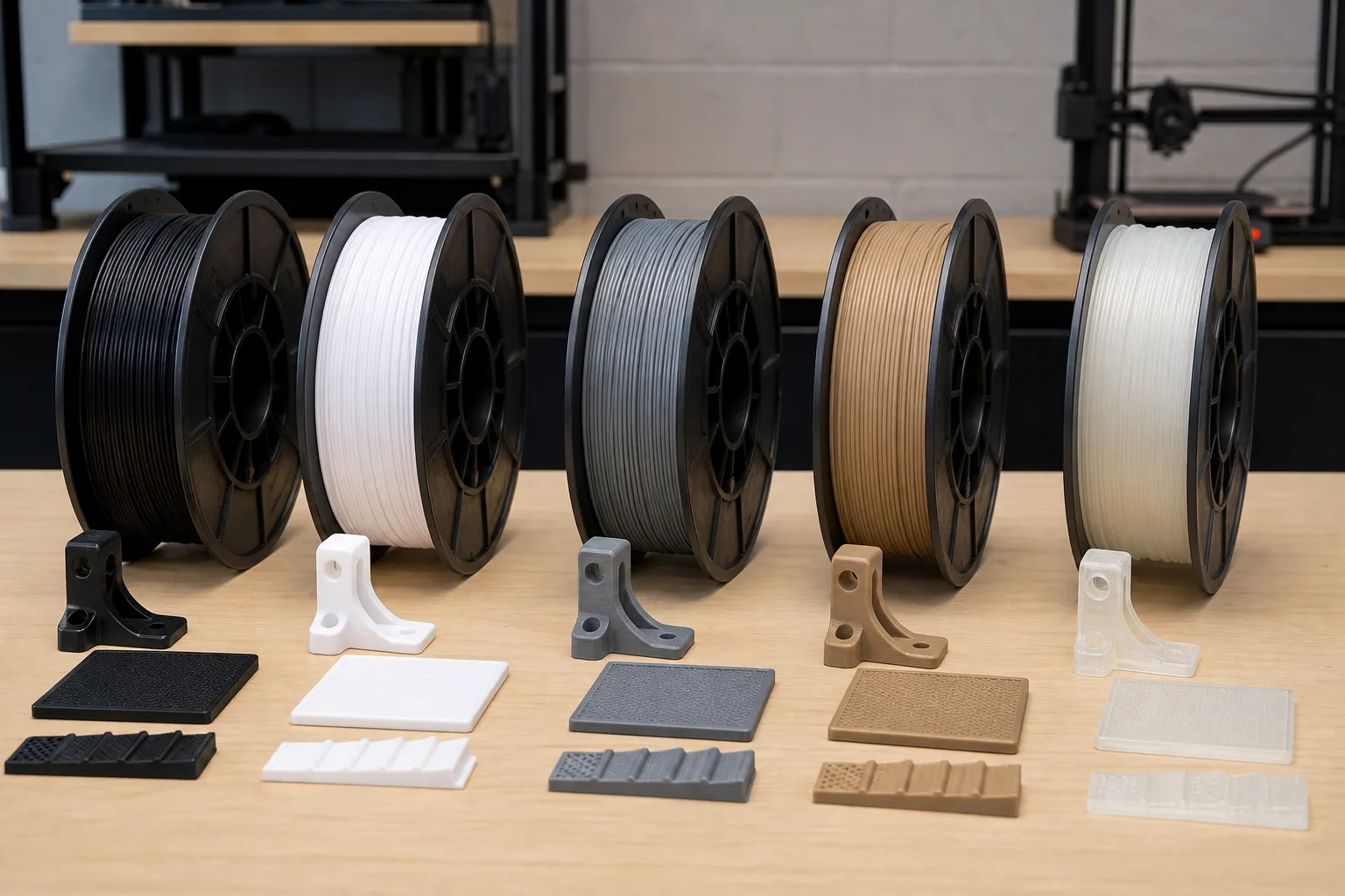 FDM filament spools with printed thermoplastic sample parts
