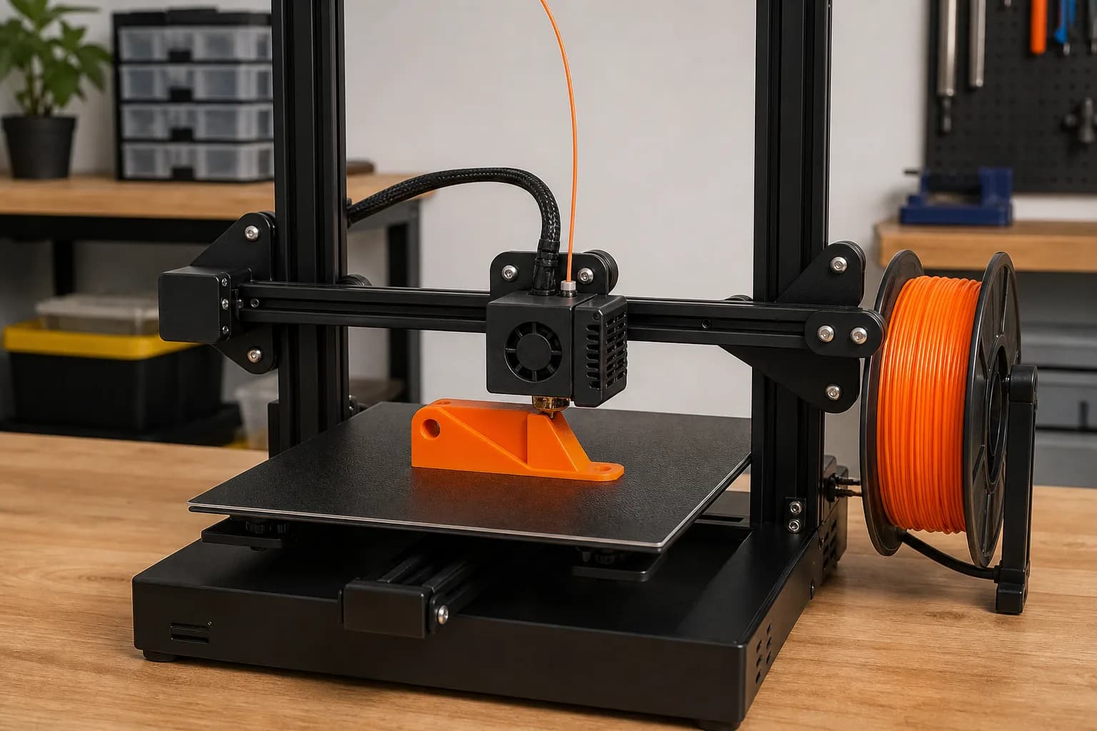 Desktop FDM printer producing an orange thermoplastic part