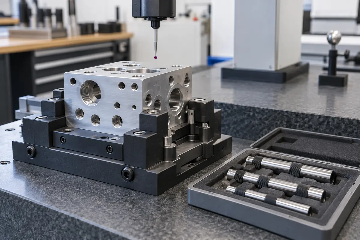 manifold block in an inspection fixture with a CMM probe parked above