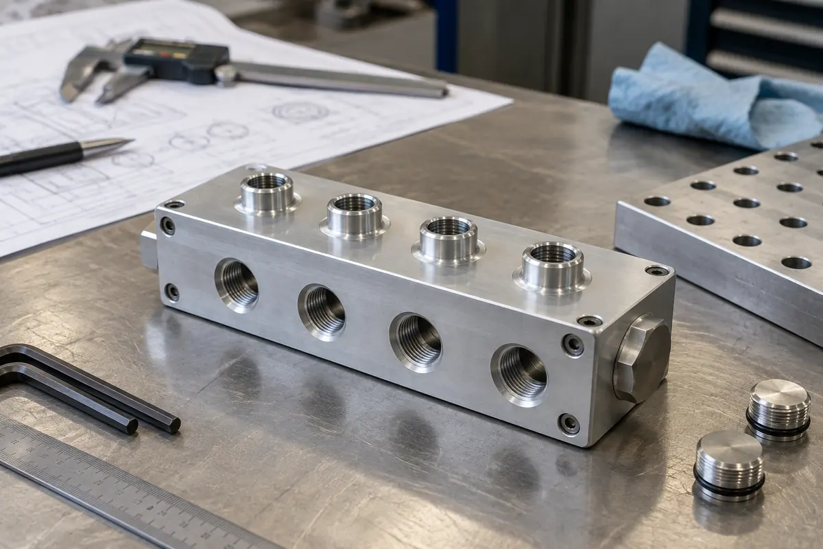 machined aluminum manifold block with multiple customer-defined ports