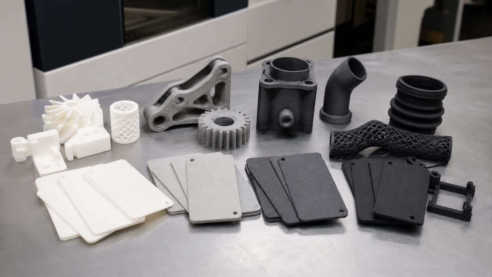 Mixed MJF polymer prototype parts in black and white nylon