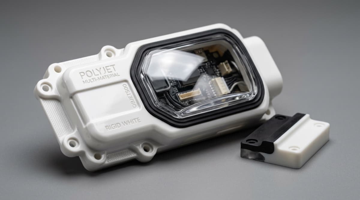 PolyJet 3D printed parts showing multi-material capability: rigid white housing, flexible black gasket, and transparent lens