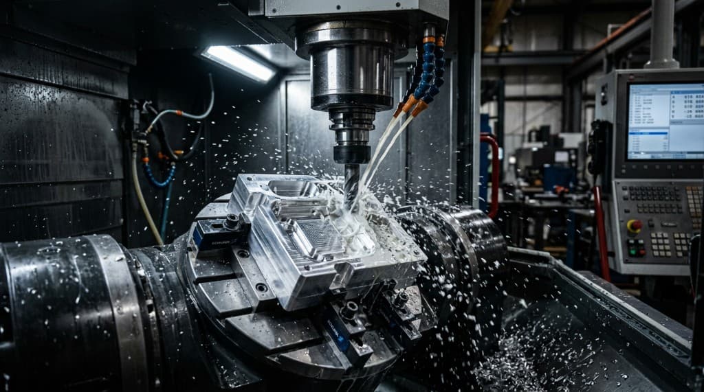 CNC milling machine cutting an aluminum workpiece with coolant flooding the cut zone and chips evacuating