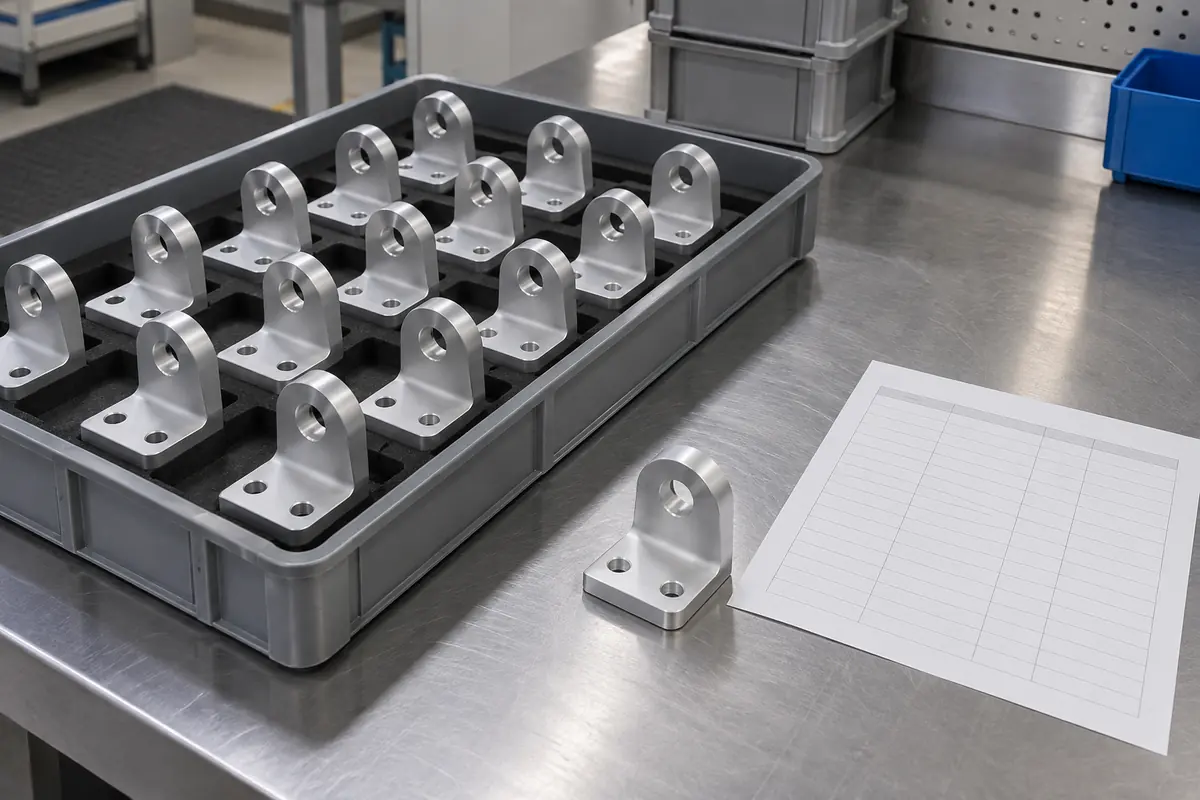 low-volume batch of identical machined brackets in protective packaging