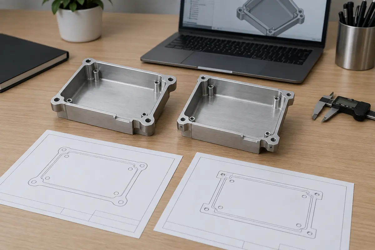 earlier and later machined enclosure revisions beside matching outline drawings