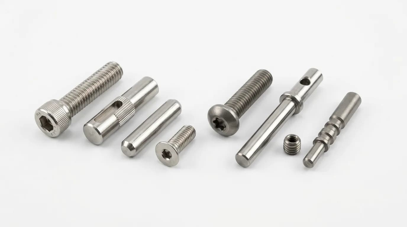 CNC turned stainless steel parts: socket head cap screws, stepped shafts, threaded pins, and knurled fasteners